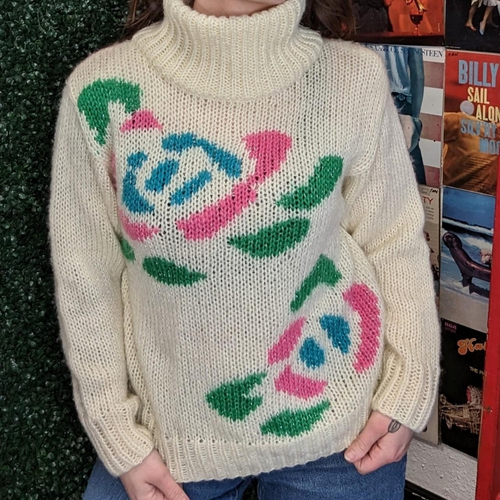 Vintage oversized rose print sparkle knit chunky turtleneck shoulderpads sweater